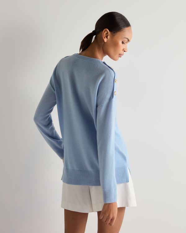 N.Peal Women's Button Shoulder Round Neck Cashmere Jumper Sea Mist Blue