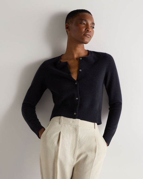 N.Peal Women's Chunky Crop Cashmere Cardigan Navy Blue