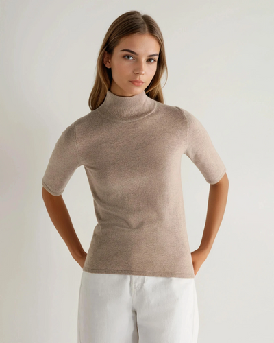 N.Peal Women's Mock Neck Cashmere T-Shirt Oatmeal Brown