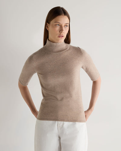 N.Peal Women's Mock Neck Cashmere T-Shirt Oatmeal Brown