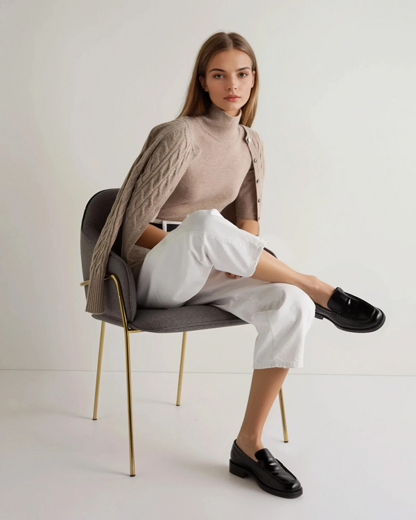 N.Peal Women's Mock Neck Cashmere T-Shirt Oatmeal Brown