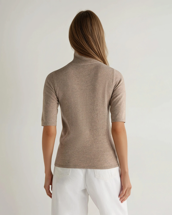 N.Peal Women's Mock Neck Cashmere T-Shirt Oatmeal Brown