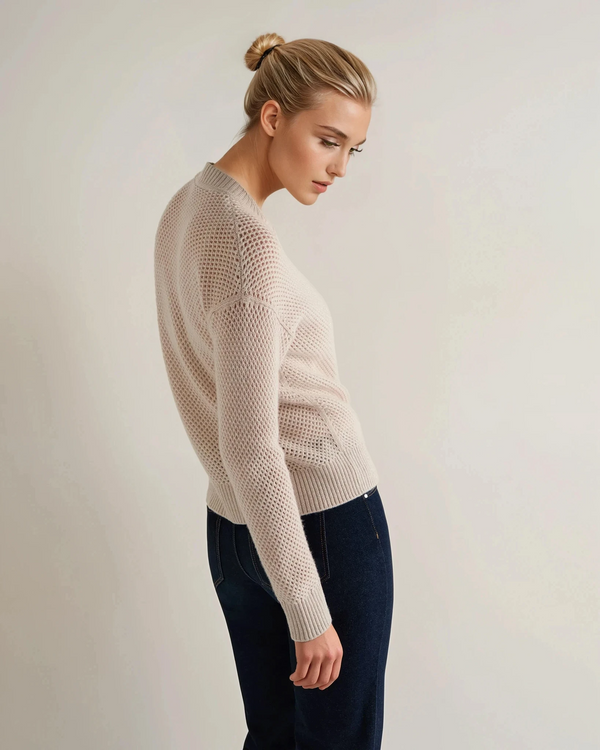N.Peal Women's Mesh Stitch Cashmere Cardigan Ecru White Sparkle