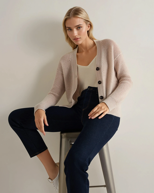 N.Peal Women's Mesh Stitch Cashmere Cardigan Ecru White Sparkle