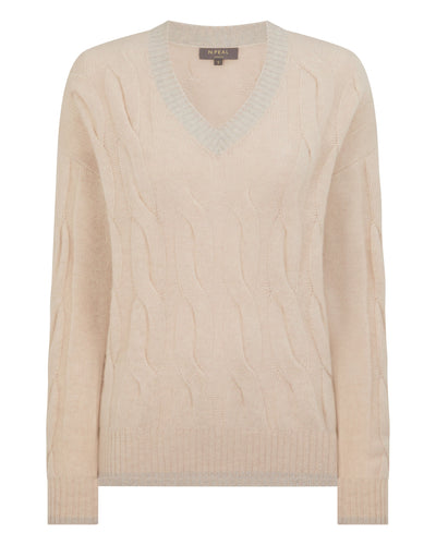 N.Peal Women's Cable Cricket Cashmere Jumper Ecru White