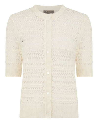 N.Peal Women's Open Stitch Linen Blend Cardigan New Ivory White