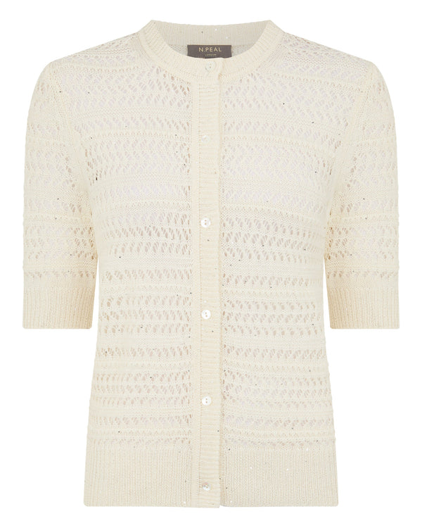 N.Peal Women's Open Stitch Linen Blend Cardigan New Ivory White