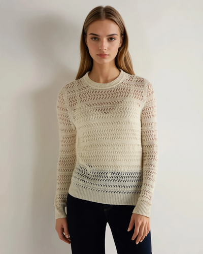 N.Peal Women's Open Stitch Linen Blend Sweater New Ivory White