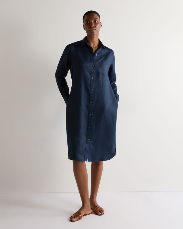 N.Peal Women's Catania Linen Shirt Dress Navy Blue