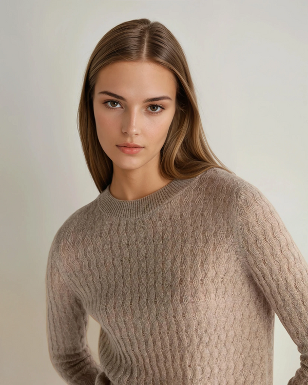 N.Peal Women's Moving Rib Cashmere Sweater Oatmeal Brown