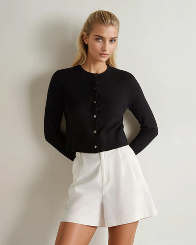 N.Peal Women's Superfine Cashmere Round Neck Cardigan Black