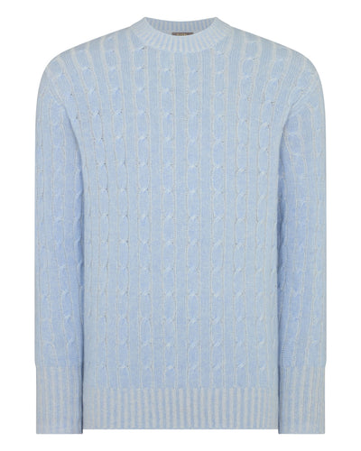 N.Peal Men's Thames Cable Round Neck Cashmere Jumper Sea Mist Blue