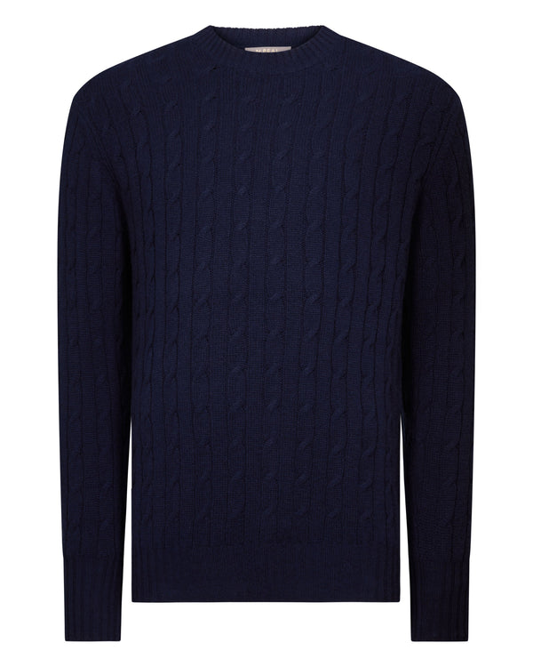 N.Peal Men's Thames Cable Round Neck Cashmere Jumper Deep French Blue