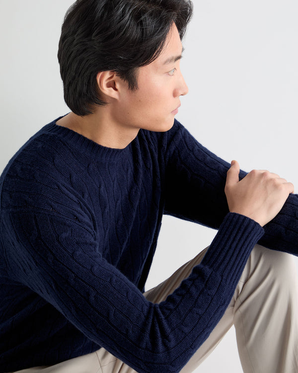 N.Peal Men's Thames Cable Round Neck Cashmere Jumper Deep French Blue