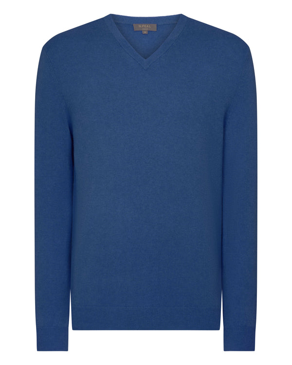 N.Peal Men's Burlington V Neck Cashmere Jumper Bright Denim Blue