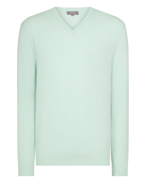 N.Peal Men's Burlington V Neck Cashmere Jumper Mint Green