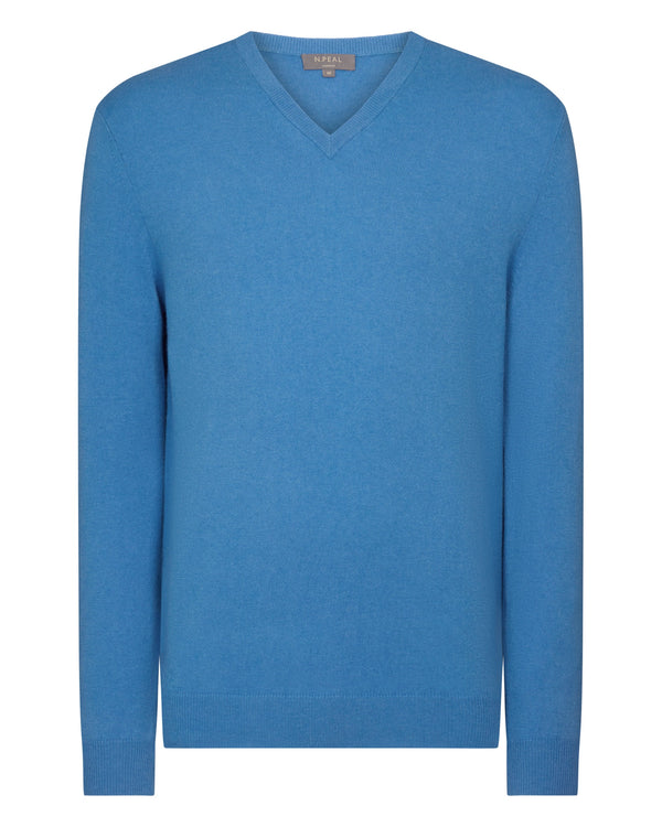 N.Peal Men's Burlington V Neck Cashmere Jumper Sunshine Blue
