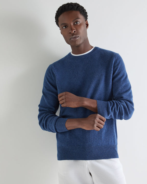 N.Peal Men's Oxford Round Neck Cashmere Jumper Bright Denim Blue