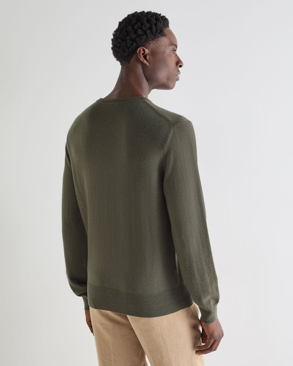 N.Peal Men's Oxford Round Neck Cashmere Jumper Olive Green