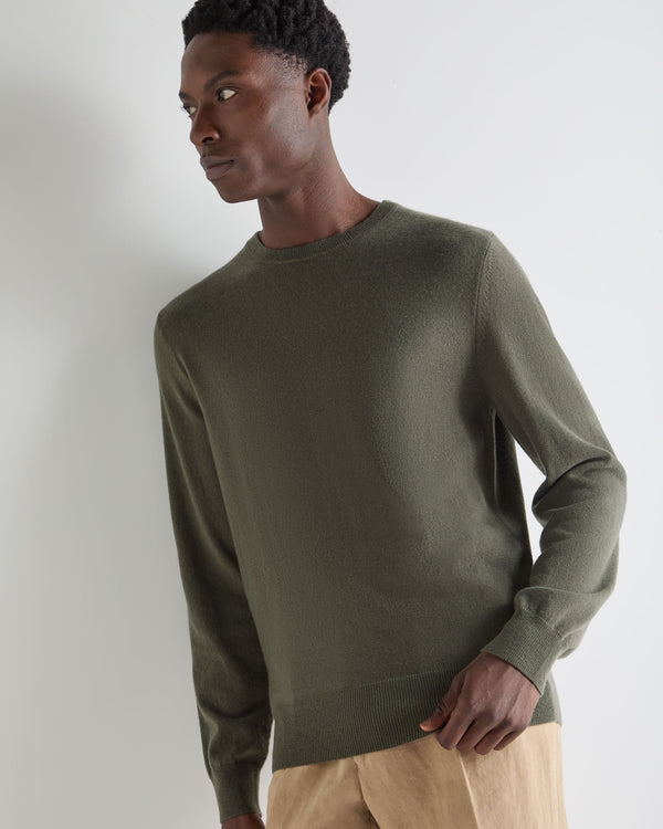 N.Peal Men's Oxford Round Neck Cashmere Jumper Olive Green