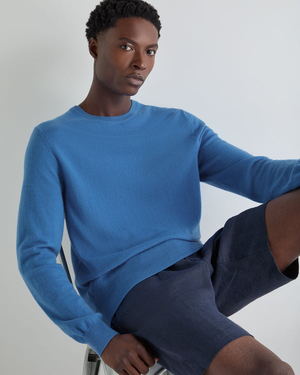 N.Peal Men's Oxford Round Neck Cashmere Sweater Sunshine Blue