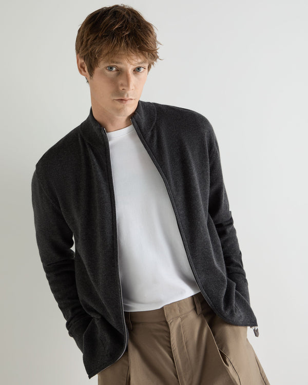 N.Peal Men's Knightsbridge Full Zip Cashmere Jumper Deep Charcoal Grey