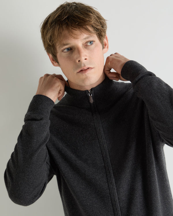 N.Peal Men's Knightsbridge Full Zip Cashmere Jumper Deep Charcoal Grey
