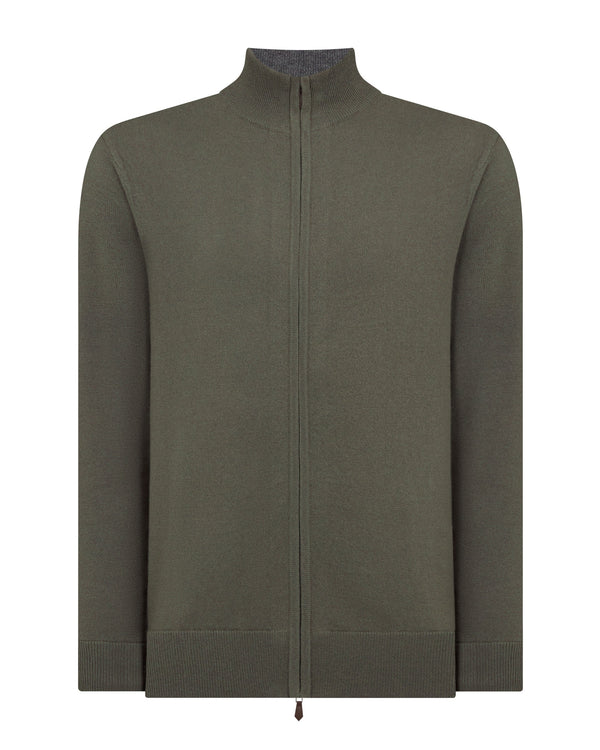 N.Peal Men's Knightsbridge Full Zip Cashmere Jumper Olive Green