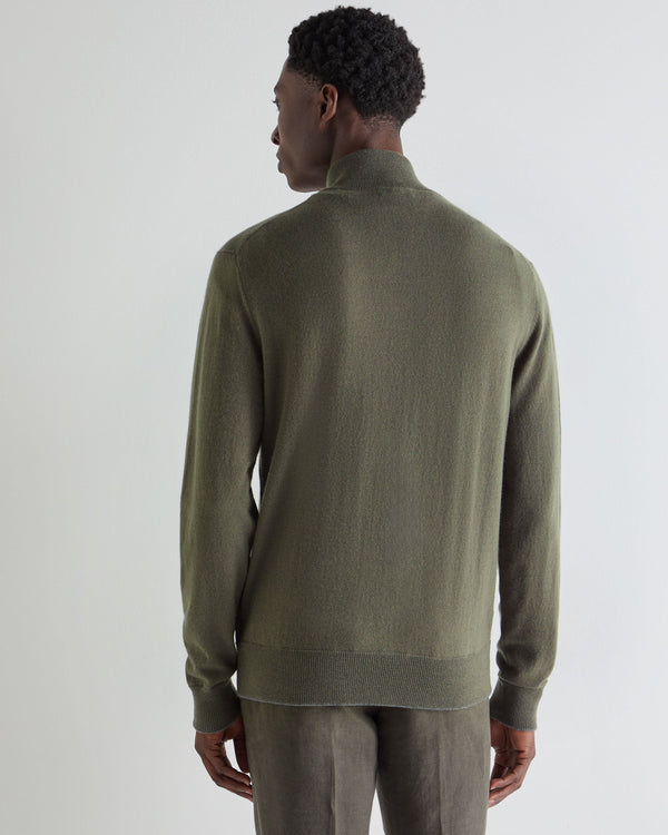 N.Peal Men's Knightsbridge Full Zip Cashmere Jumper Olive Green