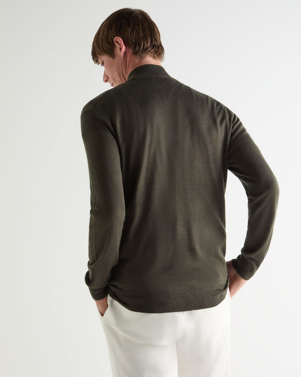 N.Peal Men's Regent Fine Gauge Cashmere Half Zip Jumper Arabica Khaki Green