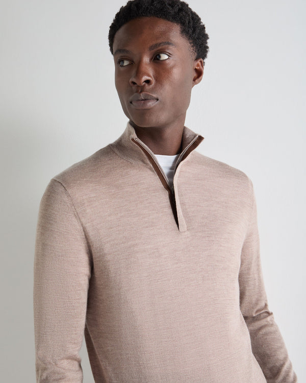 N.Peal Men's Regent Fine Gauge Cashmere Half Zip Jumper Soft Taupe Brown