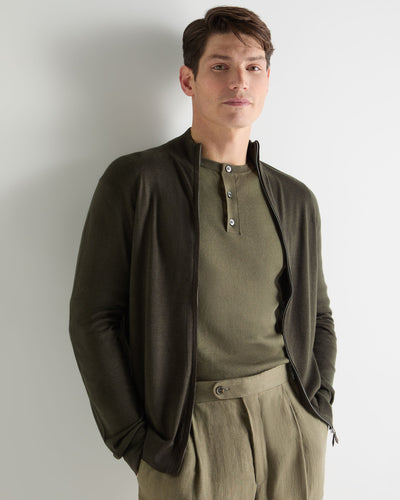 N.Peal Men's Hyde Fine Gauge Cashmere Full Zip Jumper Arabica Khaki Green