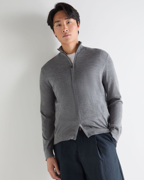 N.Peal Men's Hyde Fine Gauge Cashmere Full Zip Jumper Graphite Grey