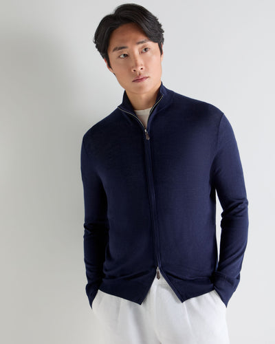 N.Peal Men's Hyde Fine Gauge Cashmere Full Zip Jumper Summer Navy Blue
