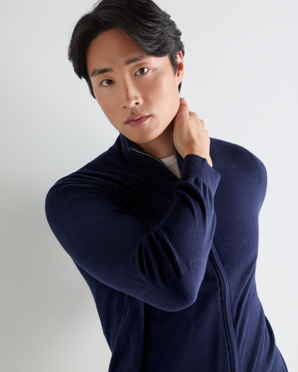 N.Peal Men's Hyde Fine Gauge Cashmere Full Zip Jumper Summer Navy Blue