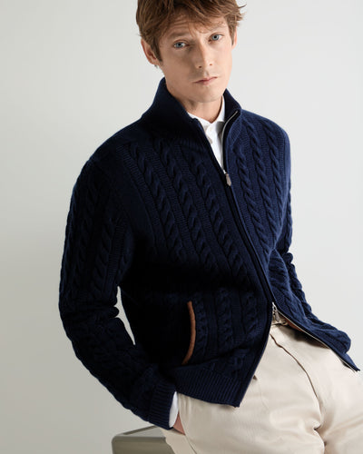 N.Peal Men's Richmond Cable Cashmere Cardigan Deep French Blue