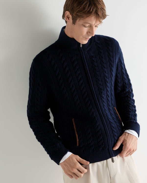 N.Peal Men's Richmond Cable Cashmere Cardigan Deep French Blue