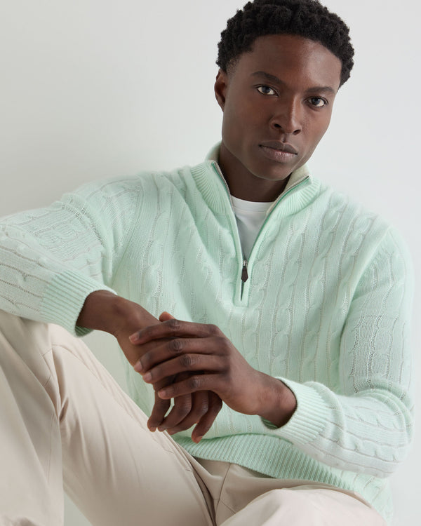 N.Peal Men's Albemarle Cable Half Zip Cashmere Jumper Mint Green