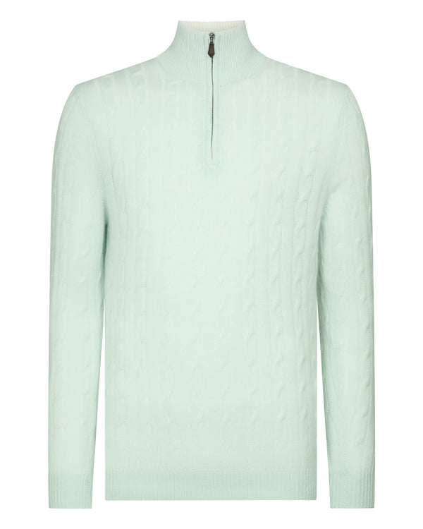 N.Peal Men's Albemarle Cable Half Zip Cashmere Jumper Mint Green