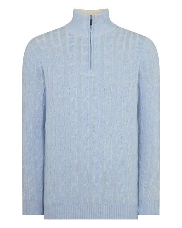 N.Peal Men's Albemarle Cable Half Zip Cashmere Jumper Sea Mist Blue