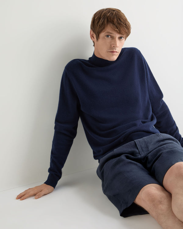 N.Peal Men's Mayfair Turtle Neck Cashmere Jumper Deep French Blue