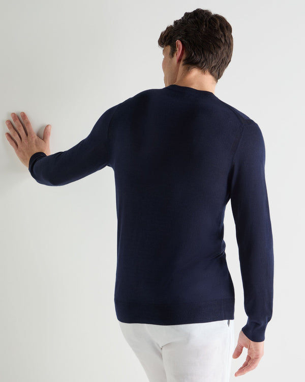 N.Peal Men's Covent Fine Gauge Cashmere Round Neck Jumper Summer Navy Blue