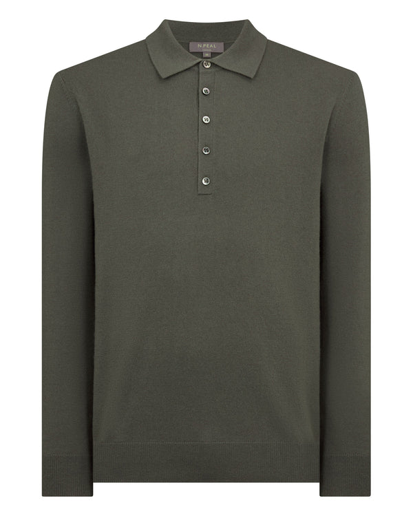 N.Peal Men's Greenwich Cashmere Polo Shirt Olive Green