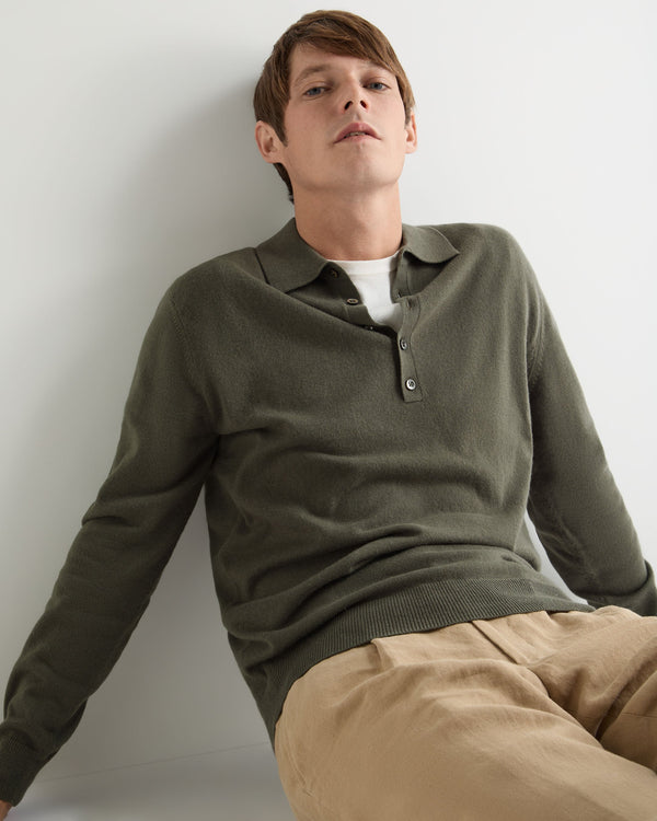 N.Peal Men's Greenwich Cashmere Polo Shirt Olive Green