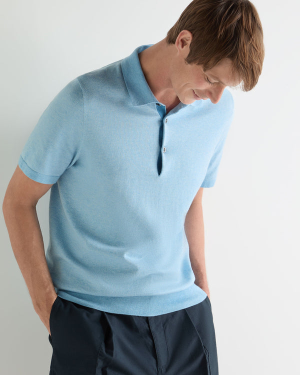 N.Peal Men's Polzeath Cotton Cashmere Polo T-Shirt Cornflower Blue