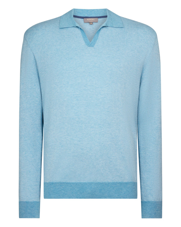 N.Peal Men's Padstow Cotton Cashmere Polo Shirt Cornflower Blue