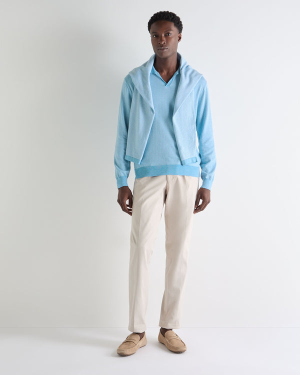 N.Peal Men's Padstow Cotton Cashmere Polo Shirt Cornflower Blue