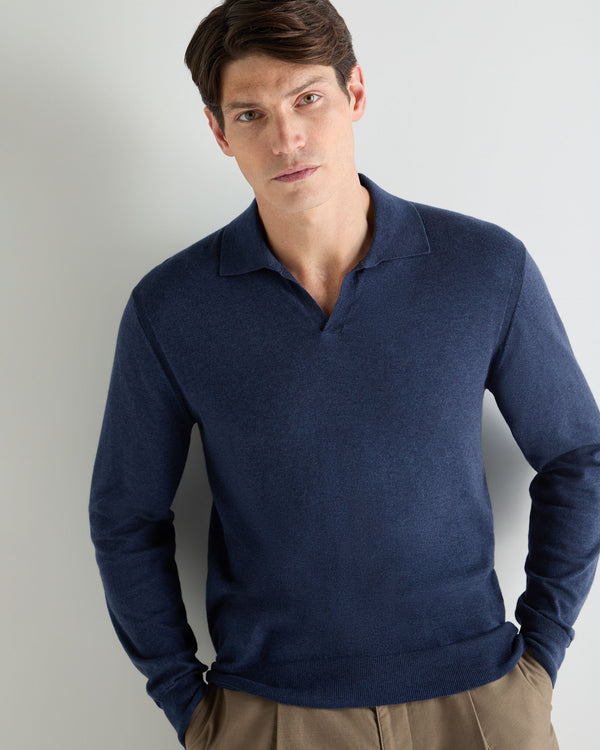 N.Peal Men's Padstow Cotton Cashmere Polo Shirt Dark Denim Blue