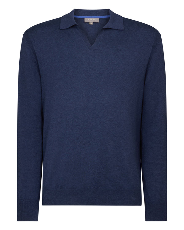 N.Peal Men's Padstow Cotton Cashmere Polo Shirt Dark Denim Blue