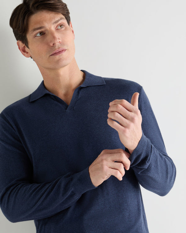 N.Peal Men's Padstow Cotton Cashmere Polo Shirt Dark Denim Blue